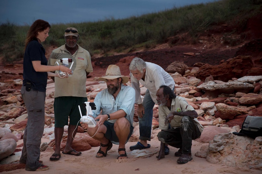 The palaeontologists examine the prints