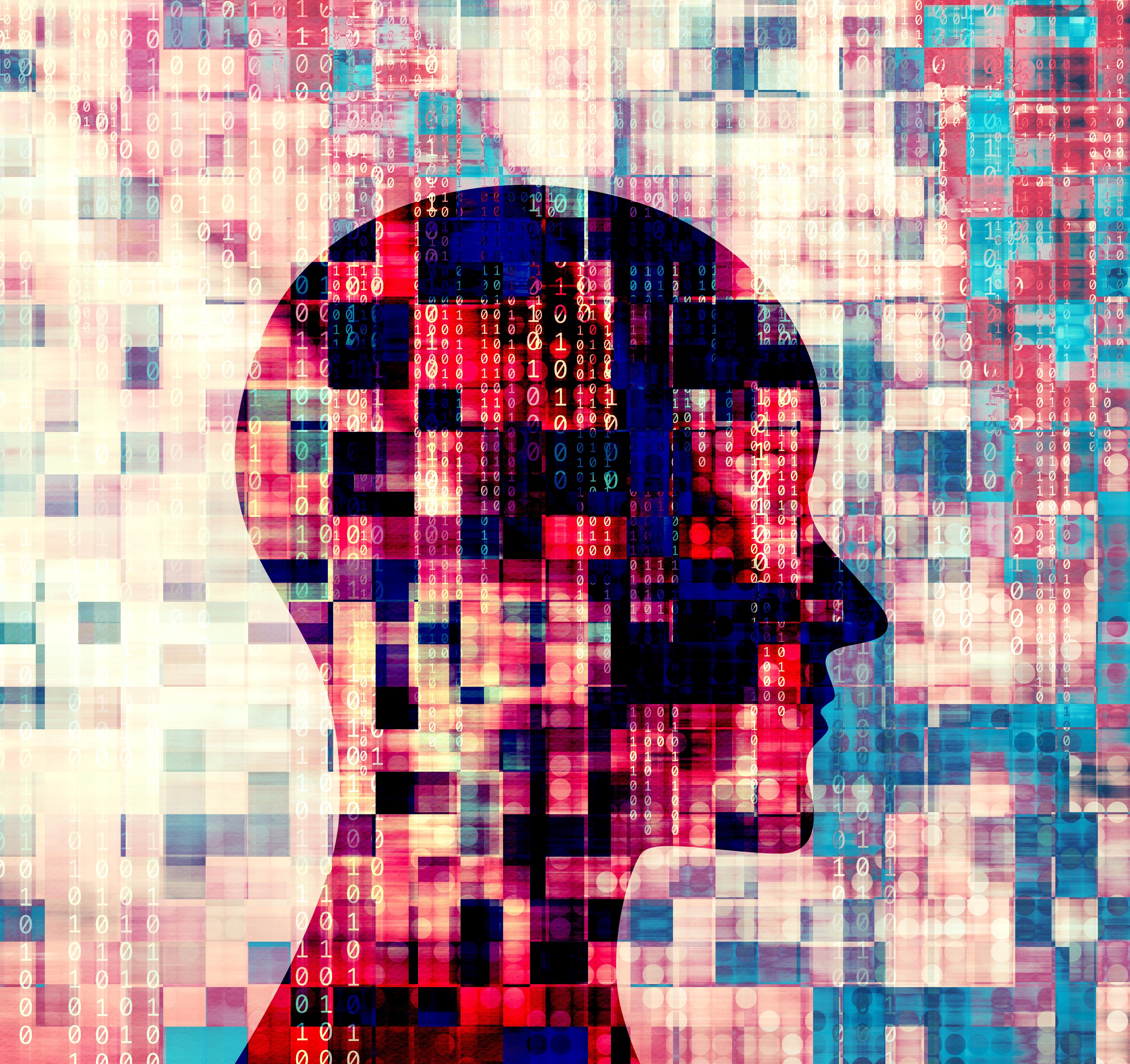 Sillhouette of a person's head surrounded by binary code