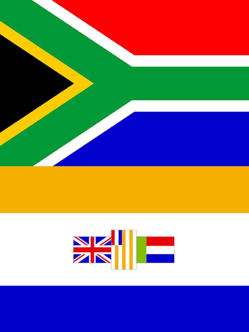 The pre-1994 South African flag (bottom) and the post-1994 flag