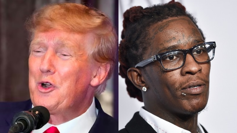 In one image, Donald Trump speaks into a microphone. In another, Young Thug looks in the other direction.