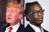 In one image, Donald Trump speaks into a microphone. In another, Young Thug looks in the other direction.