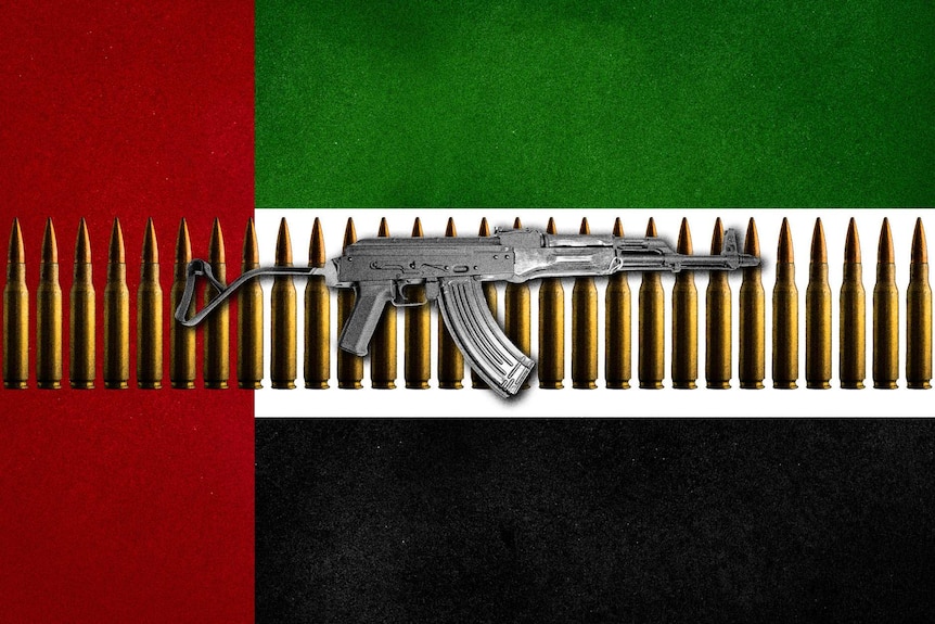 A graphic of a weapon on top of a flag of UAE flag