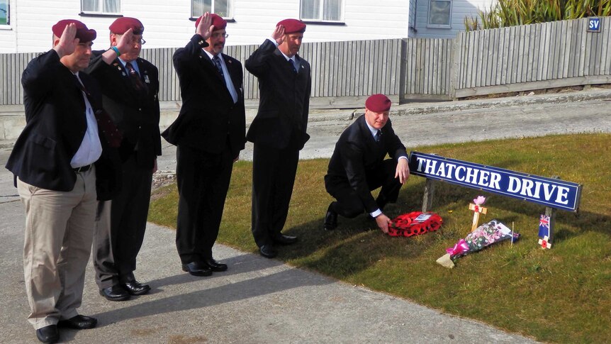 Former paratroopers lay wreath for Margaret Thatcher at Port Stanley on the Falkland Islands.