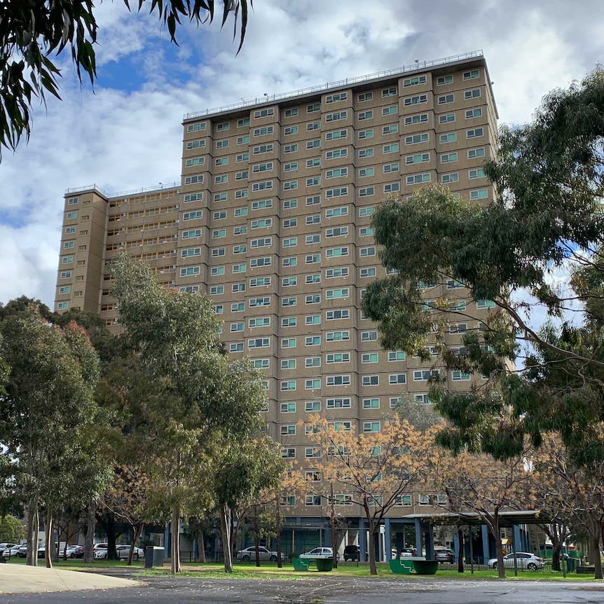 A high rise housing estate tower stands in Flemington surrounded by trees.