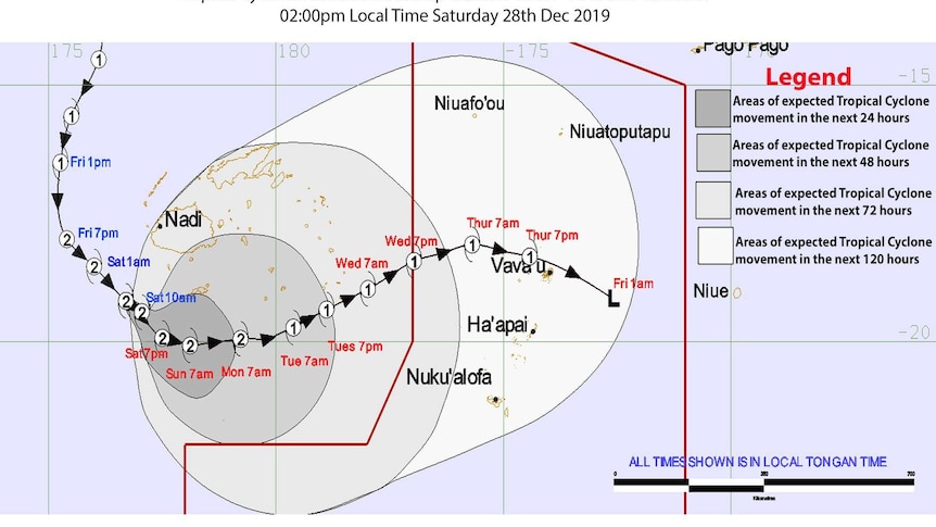 An infographic shows the track of Cyclone Sarai in Fijian and Tongan waters.