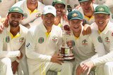Australia celebrates with the Frank Worrell Trophy