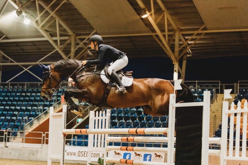 A horse and rider jumping in mid-flight. 