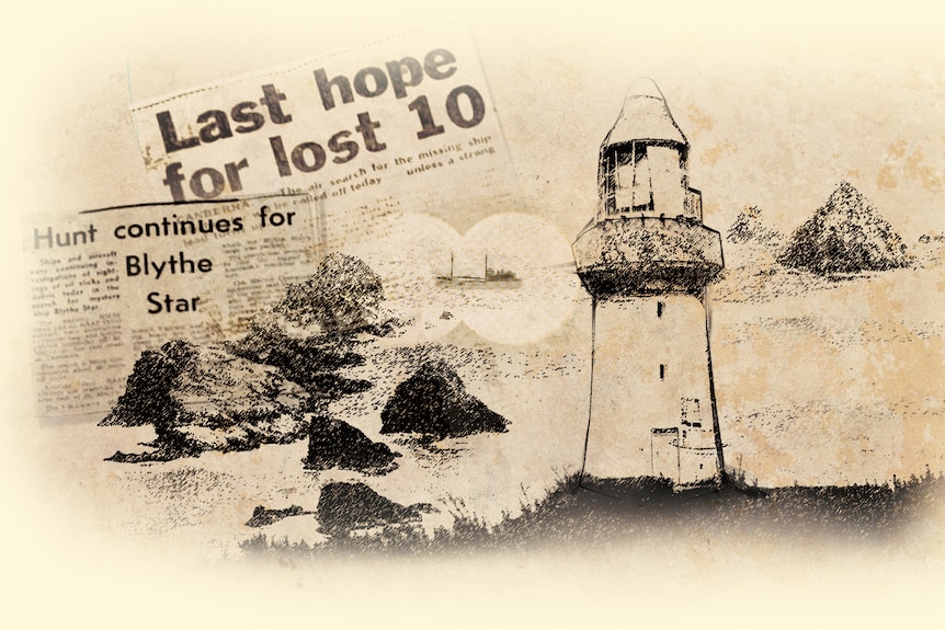 A composite image depicting newspaper clippings and a lighthouse.