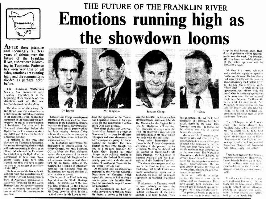 A 1982 newspaper article titled 'The future of the Franklin River, emotions running high as the showdown looms'
