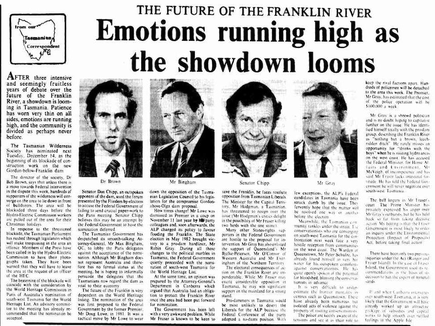 A 1982 newspaper article titled 'The future of the Franklin River, emotions running high as the showdown looms'