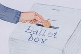 Illustration shows a person putting a gold coin into a ballot box.