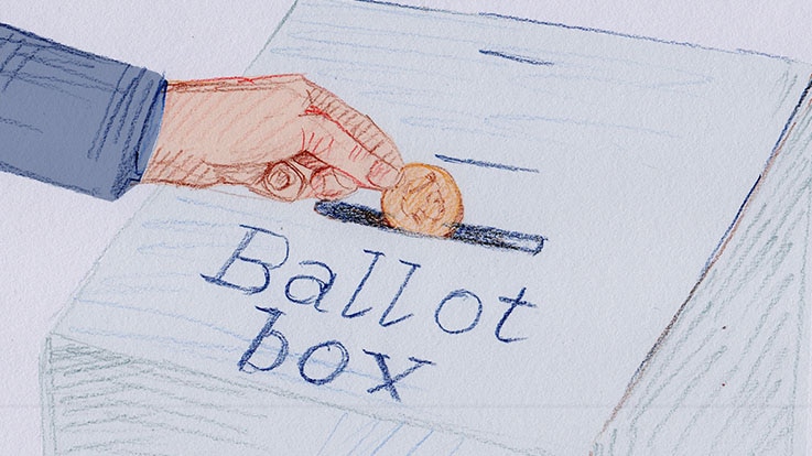 Illustration shows a person putting a gold coin into a ballot box.