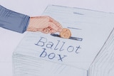 Illustration shows a person putting a gold coin into a ballot box.