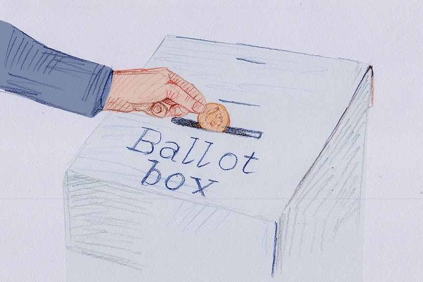 Illustration shows a person putting a gold coin into a ballot box.