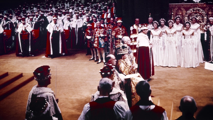 Queen Elizabeth II during her coronation at Westminster Abbey.