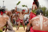 A group of Aboriginal male dancers perform at the WugalOra ceremony.