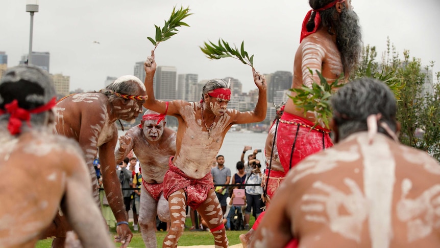 A group of Aboriginal male dancers perform at the WugalOra ceremony.