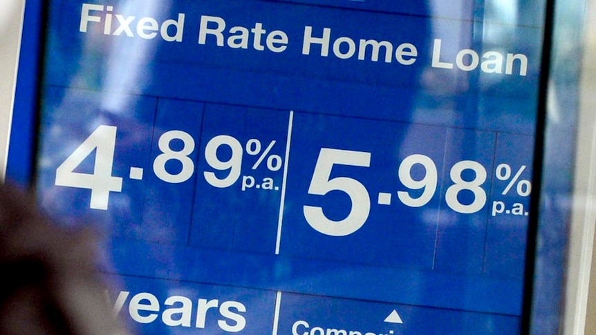 A sign in a bank in Brisbane showing interest rates.