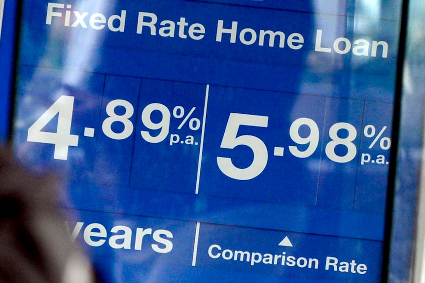 A sign in a bank in Brisbane showing interest rates.