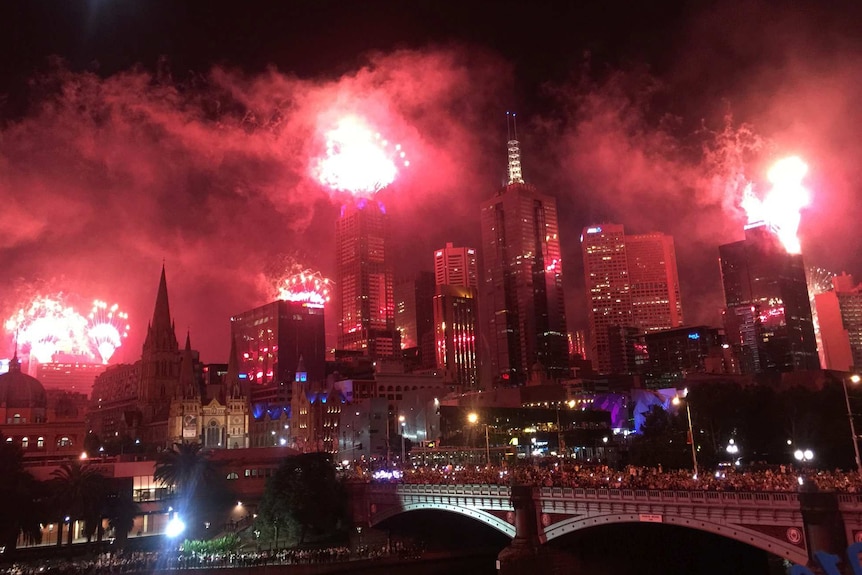 Melbourne New Year's Eve fireworks, as seen from the Arts Centre.