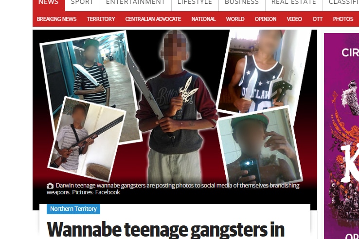 NT News article featuring images of young Indigenous 'wannabe gangsters'.