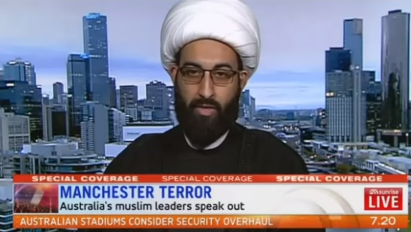 Mohammad Tawhidi appears on Network Seven's Sunrise program above a banner reading: 'Australia's Muslim leaders speak out'.