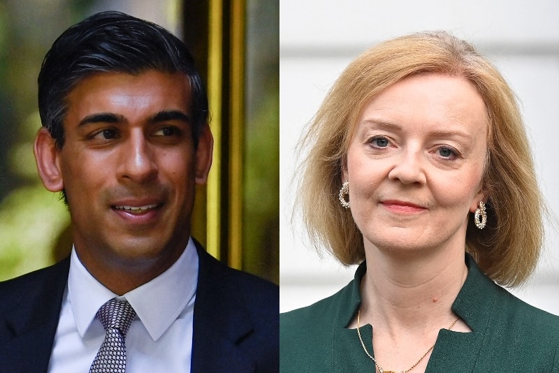 Rishi Sunak in a suit and grey tie, side by side with Liz Truss in a green dress.