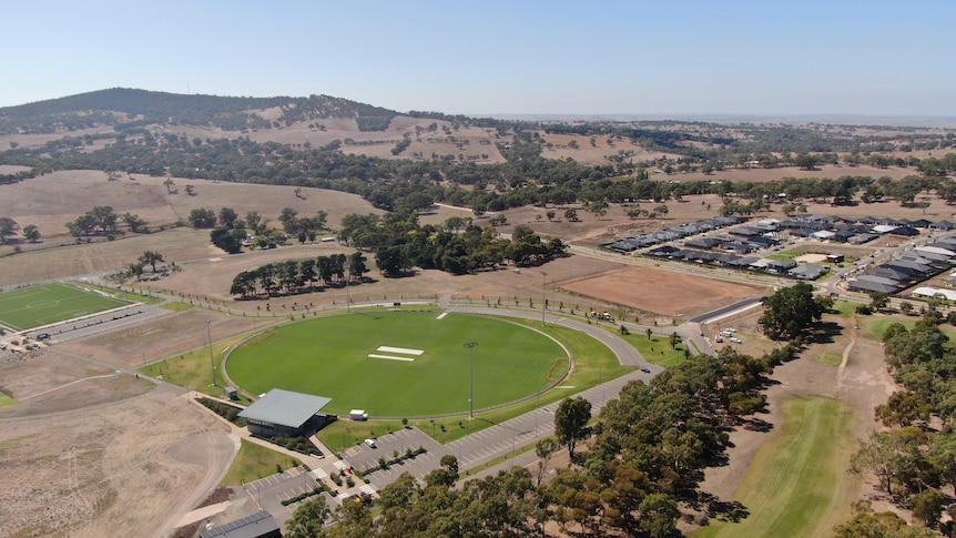 A drone shot of an oval in the Adelaide Hills.