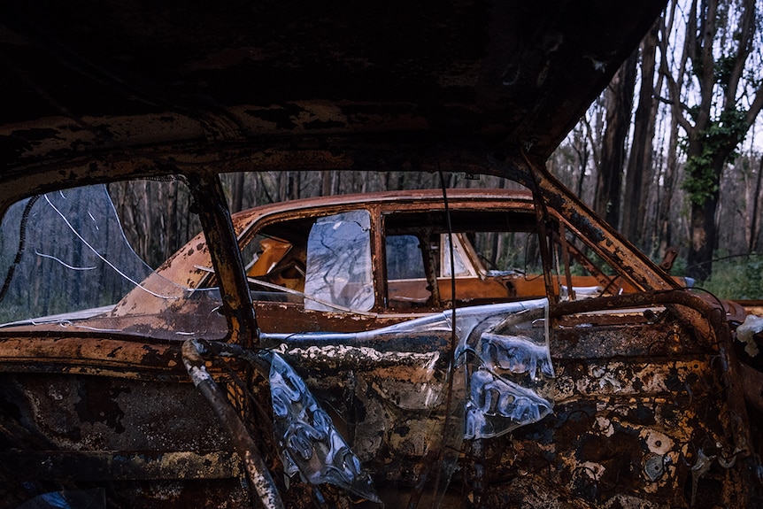 Burnt out classic cars owned by Jade Corby were destroyed by bushfire.