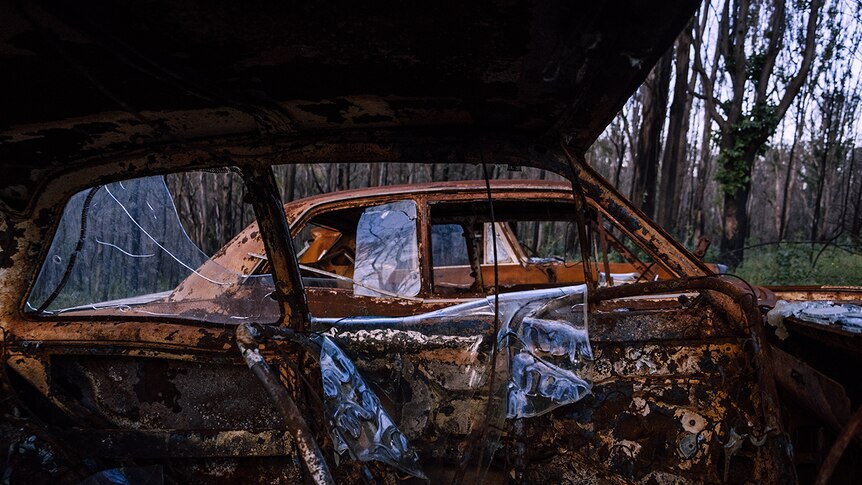 Burnt out classic cars owned by Jade Corby were destroyed by bushfire.