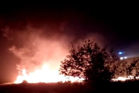 A large fire burns with flames leaping high, against a dark night sky, with a tree in the foreground.