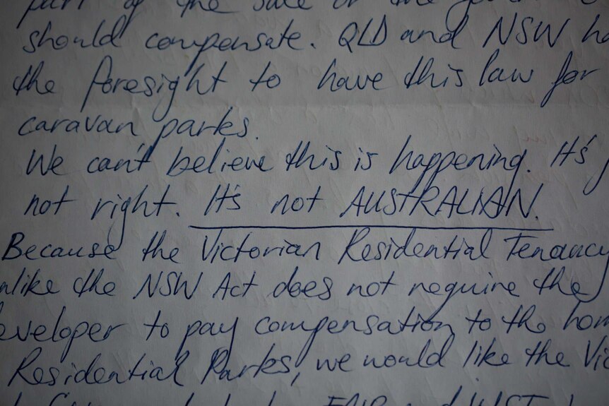 "It's not Australian," reads a handwritten letter by a park resident.