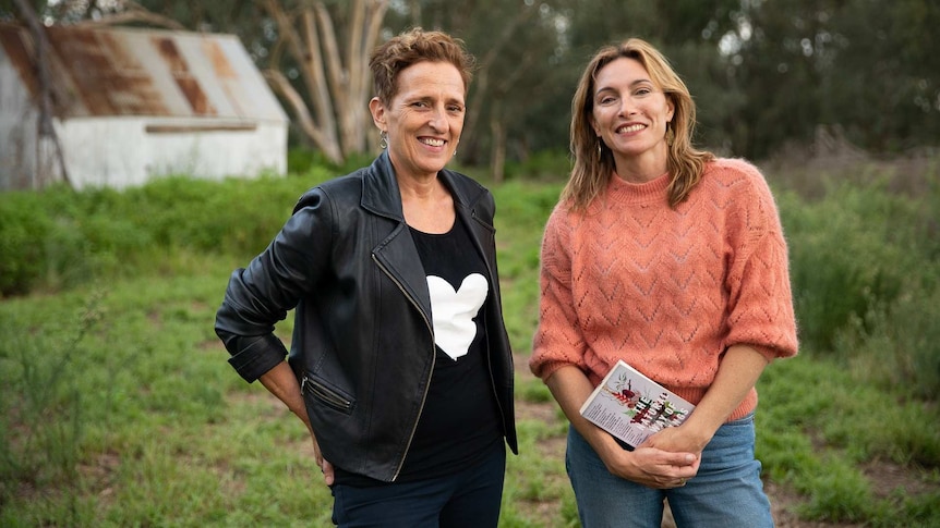 Author Charlotte Wood stands with actor Claudia Karvan in a bush setting