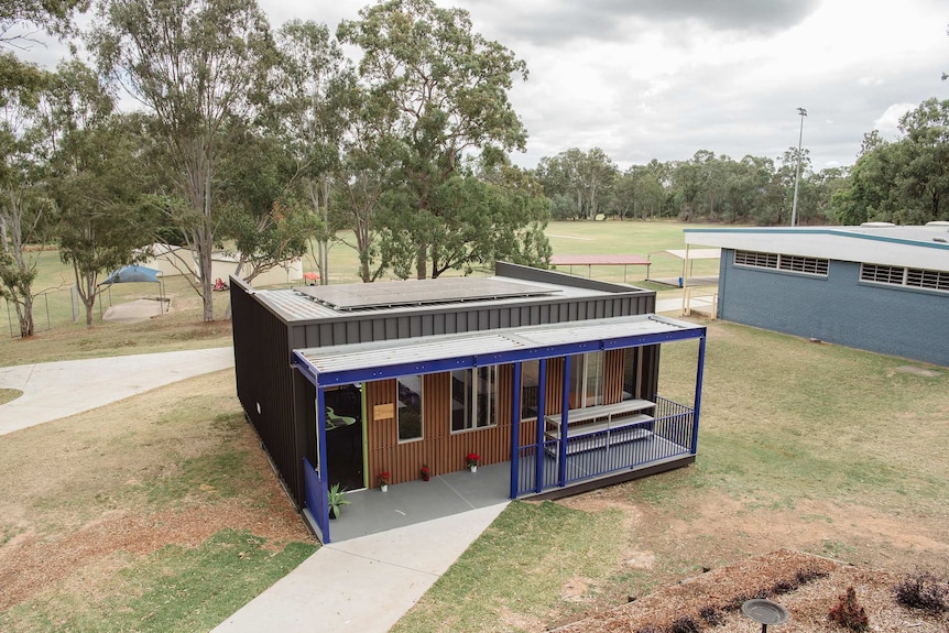 Image of the self-sufficient classroom from above showing the solar panels on the roof.