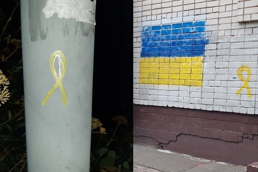 Yellow ribbons are drawn only poles and walls as symbols of the resistance