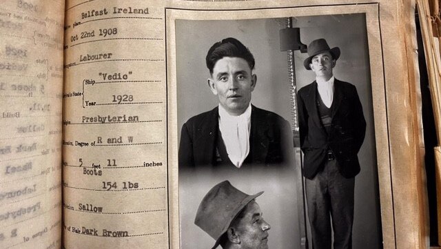 A close-up shot of historical WA Police records in a book showing mugshots of an offender and their details.