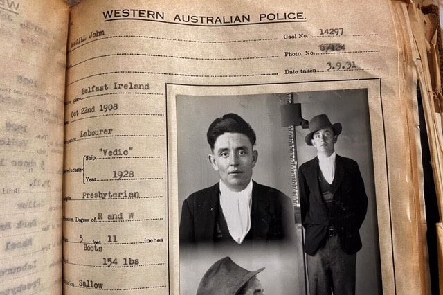 A close-up shot of historical WA Police records in a book showing mugshots of an offender and their details.