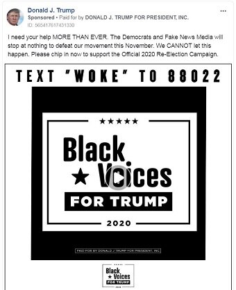 A "Black Voices for Trump" Facebook ad urging people to donate money by texting "Woke" to a phone number.