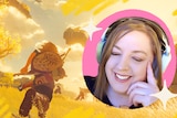 An image of Meredith Castles smiling and wearing headphones, superimposed over a yellow-tinged graphic of a person in the game