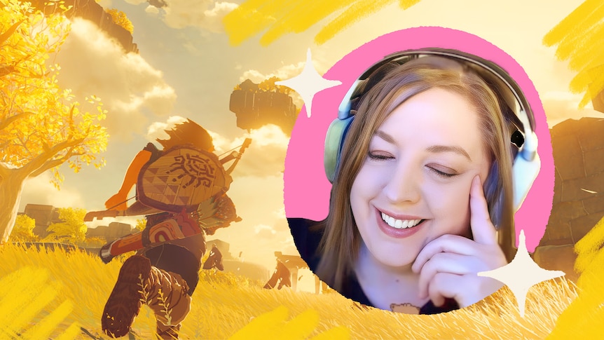 An image of Meredith Castles smiling and wearing headphones, superimposed over a yellow-tinged graphic of a person in the game