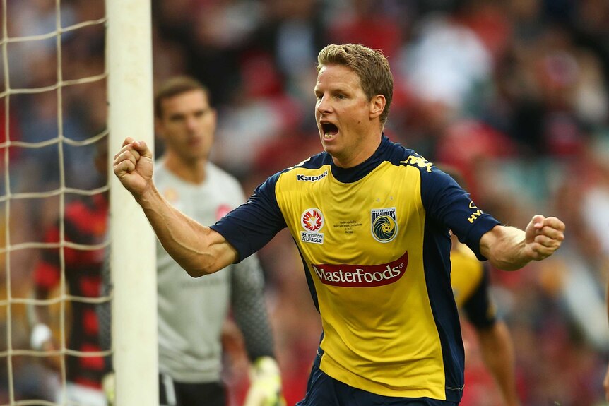 Patrick Zwaanswijk celebrates scoring the opening goal of the A-League grand final