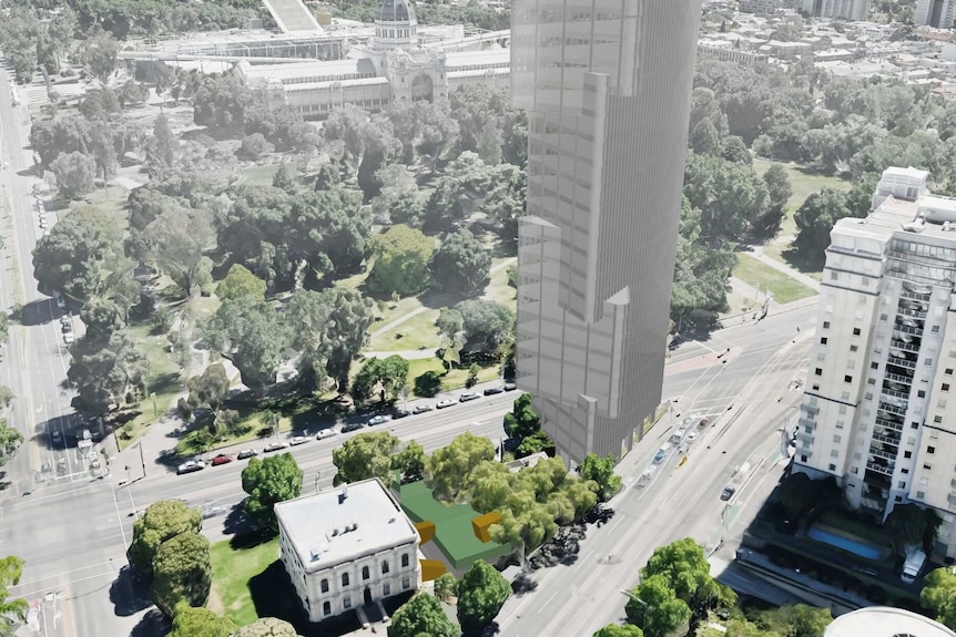 An artist's impression showing an aerial view of the proposed  tower at the intersection of Victoria and La Trobe streets.