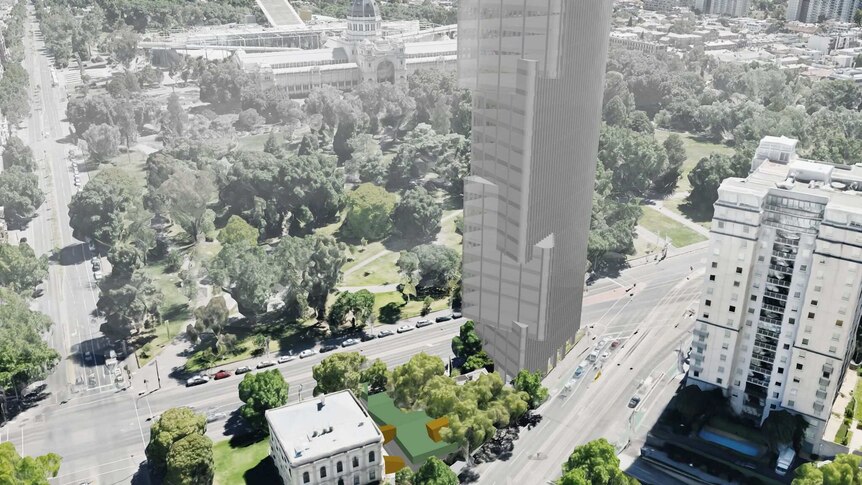 An artist's impression showing an aerial view of the proposed  tower at the intersection of Victoria and La Trobe streets.