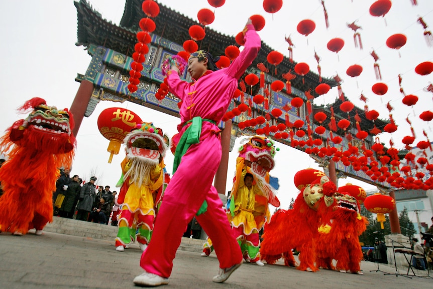A man decked in pink parades by a row of lion dancers under a grid of hanging lanterns