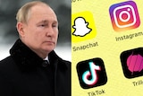 A composite image of Russian President Vladimir Putin and social media apps.