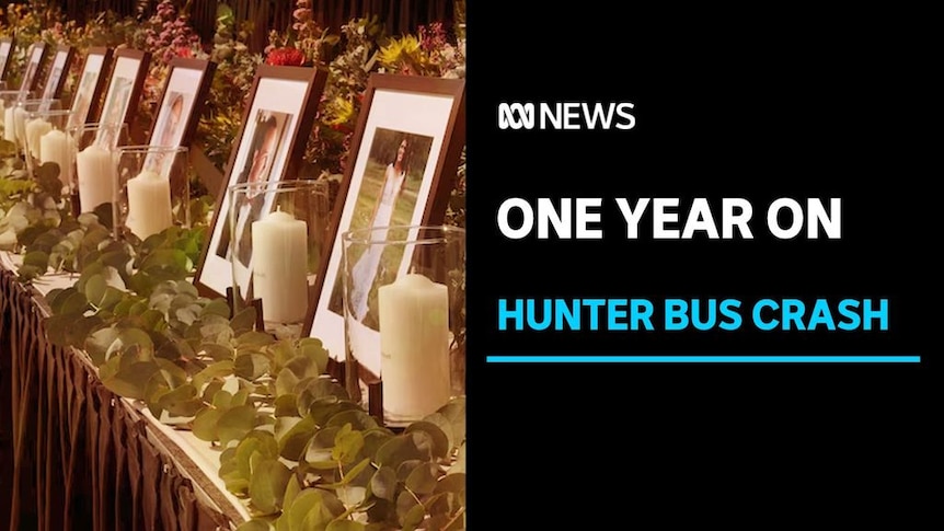 One Year On, Hunter Bus Crash: A row of candles and framed photos at a vigil.