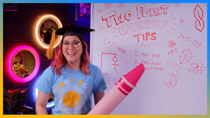 Rad standing with a College Cap on, in front of a whiteboard that says Two Point Campus Tips
