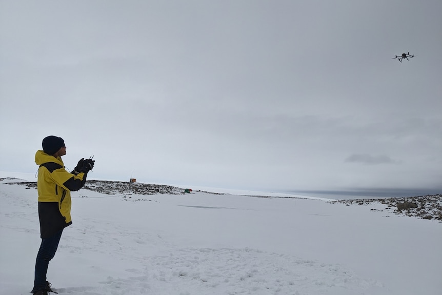 Researcher Juan Sandino flying a drone in Antarctica