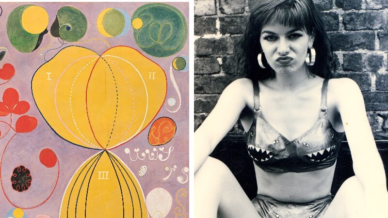 A Hilma af Klint painting of bright abstract forms is paired with a photo of a woman in shark-themed underwear.