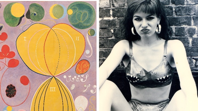 A Hilma af Klint painting of bright abstract forms is paired with a photo of a woman in shark-themed underwear.